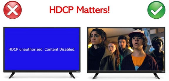  Two LCD TVs, with one showing blue screen and the other showing a movie scene, indicating the difference of without and with HDCP  